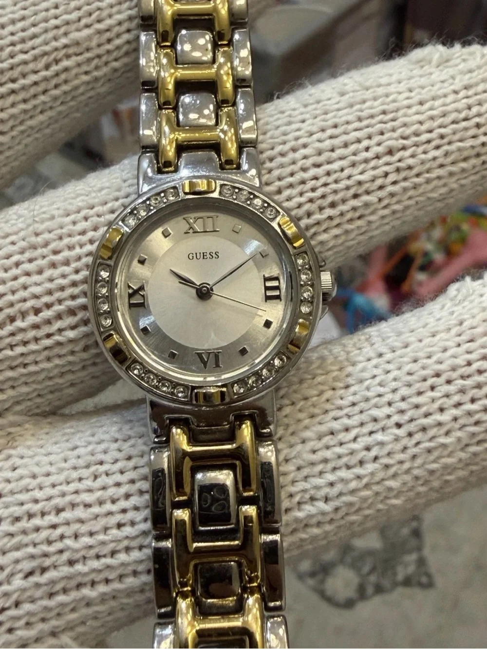 Guess Womens Watch G75479L Two Tone Silver Gold Crystal Bezel Roman Numeral